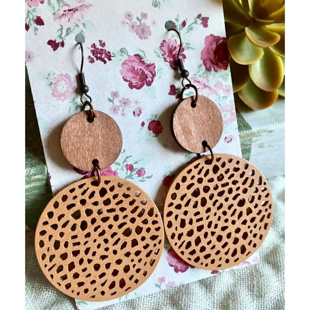New Brown & Camel Round Wooden Circle Disk Boho Beachy Statement Earrings 3.25"